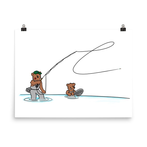 Papa Bear and Baby Bear Fly Fishing Wall Art Print Nursery Wall Art Print  Animals Fly Fishing Kids Room Art Cartoon Decor 