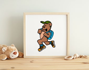 Baby Bear Hiking Wall Art Print | Nursery Wall Art Print | animals playing sports hiking kids room art cartoon decor