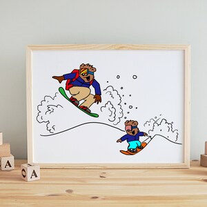 Papa Bear and Baby Bear Snowboarding Wall Art Print | Pépinière Wall Art Print | animaux snowboarding kids room art cartoon décor