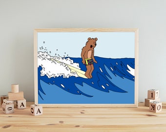 Bear Surfing Wall Art Print | Nursery Wall Art Print | Kids Room Wall Print | animals ocean sports surf kids room art cartoon decor