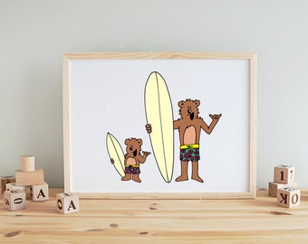 Papa Bear and Baby Bear Surf Wall Art Print | Nursery Wall Art Print | animals surfing surf kids room art cartoon decor kids surf art