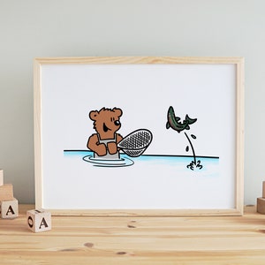 Baby Bear Fishing Wall Art Print | Nursery Wall Art Print | animals fishing kids room art cartoon decor bear