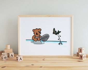 Baby Bear Fishing Wall Art Print | Nursery Wall Art Print | animals fishing kids room art cartoon decor bear