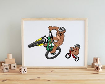 Papa Bear and Baby Bear Cycling MTB Wall Art Print | Nursery Wall Art Print | animals mountain bike cycling bike kids room art cartoon decor