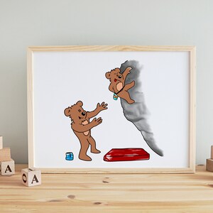 Papa Bear and Baby Bear Climbing Wall Art Print | Nursery Wall Art Print | animals climbing kids room art cartoon decor kids climbing art