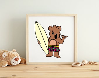 Baby Bear Surf Wall Art Print | Nursery Wall Art Print | animals surf surfing kids room art cartoon decor kids surf art surfboard