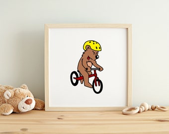 Baby Bear Bike Wall Art Print | Nursery Wall Art Print | animals playing sports cycling bike kids room art cartoon decor kids bike art