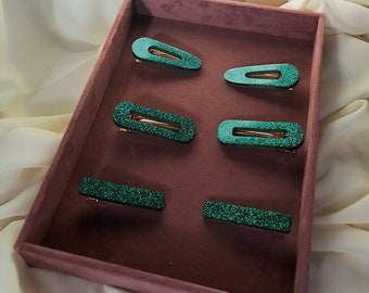 Barrette en resine, vert pailettés