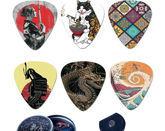 Guitar Picks-12 Pack Includes Thin,Medium & Heavy Gauges-Bundle W/Free Metal Box+Key Chain Holder (Japanese Art) Best Gift for Guitar Lovers