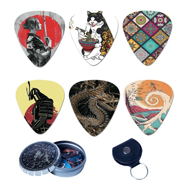 Guitar Picks-12 Pack Includes Thin,Medium & Heavy Gauges-Bundle W/Free Metal Box+Key Chain Holder (Japanese Art) Best Gift for Guitar Lovers