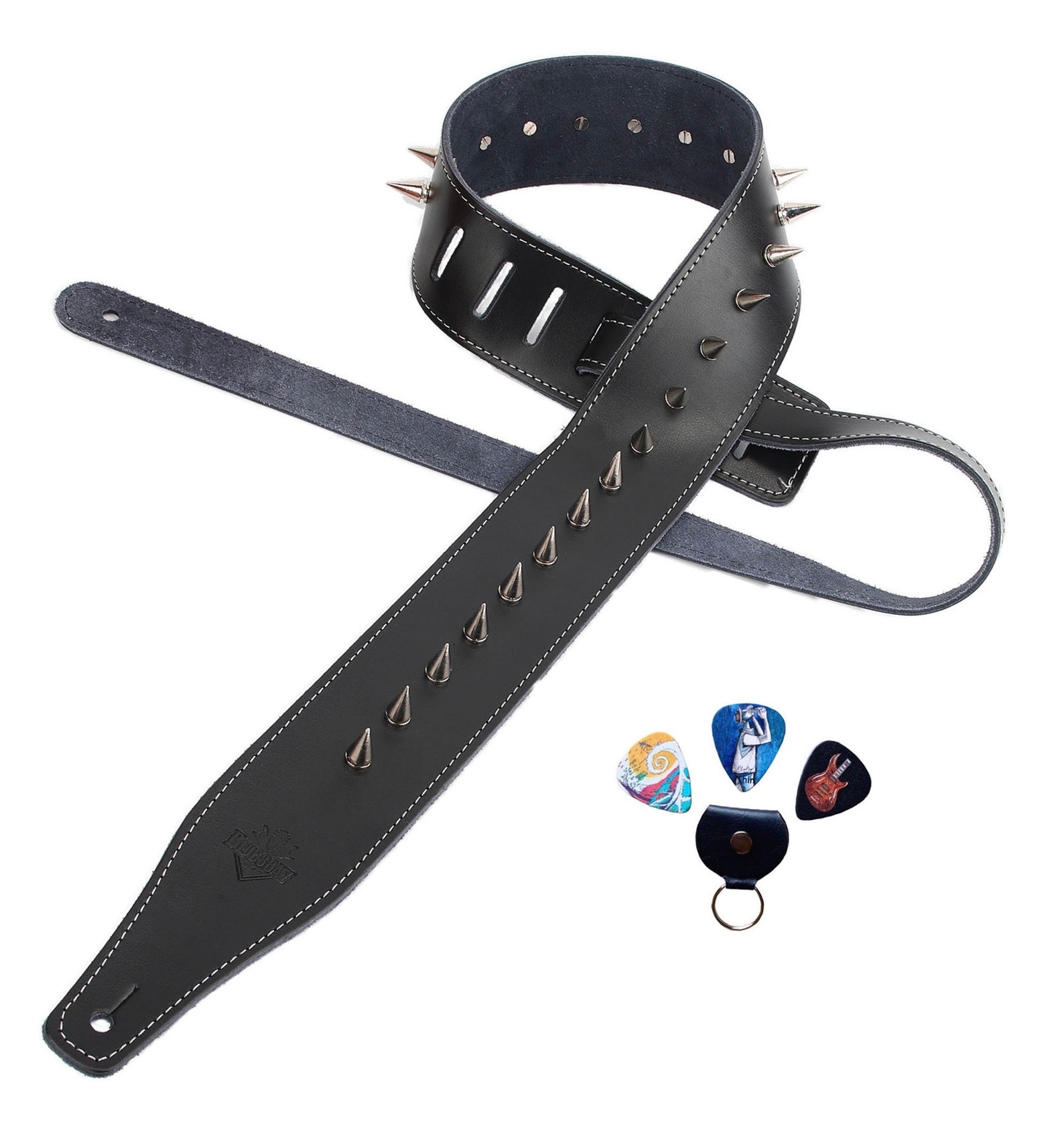Black Genuine Leather Guitar Strap With Metal Cone Spikes Etsy