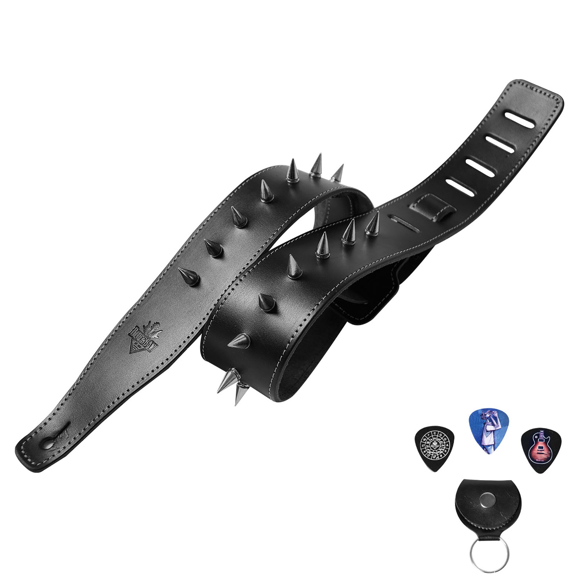 Black Genuine Leather Guitar Strap With Metal Cone Spikes Etsy