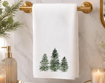 Evergreen Hand Towel, Winter Pine Bathroom Decor, White Spa Accent