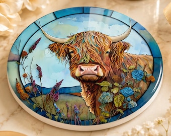 Highland Cow Ceramic Coaster, Art Glass Style Farmhouse Decor, Scottish Cattle Gift