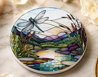 Dragonfly Ceramic Coaster, Mountain Lake Decor, Nature Lover Gift