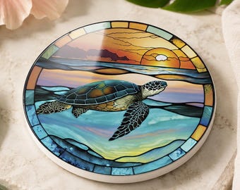 Sea Turtle Ceramic Coaster, Coastal Ocean Drink Coaster, Beach Decor