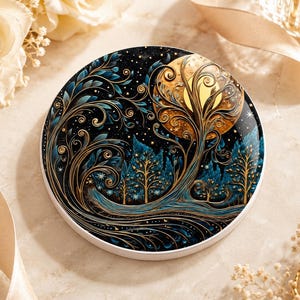 May include: A circular coaster featuring a dark navy and black night sky background with a large golden moon. The design includes intricate swirling gold filigree patterns, stylized blue trees, and small white stars, creating a detailed landscape.