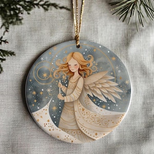 Christmas Angel Ornament, Handcrafted Keepsake Tree Decor, Holiday Gift, Gold Ceramic Angel, Christmas Tree Decoration, Stocking Stuffer