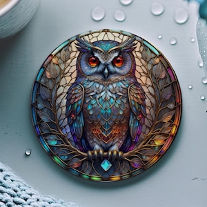 Owl Stained Glass Ceramic Coaster: Nature-Inspired Home Decor