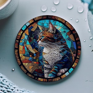 Cat Coaster, Cat Lover Gift, Printed Stained Glass Image, Ceramic Coaster, Eco-Friendly Home, Coffee Table Decor, Reading Nook Accessory