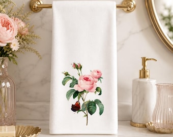 Pink Rose Hand Towel, Butterfly Floral Bathroom Decor, Vintage Botanical Guest Bath Accent
