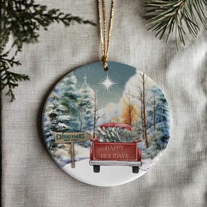 Personalizable Ornament, Red Truck Ornament, Christmas Tree Decor, Christmas Home Decor, Ceramic Flat Disc Ornament, Unique Stocking Stuffer