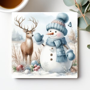 Christmas Tableware, Holiday Coffee Table, Winter Theme Gift, Snowman Decoration, Square Ceramic Coaster, Winter Coaster, Holiday Coaster