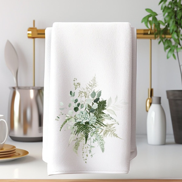 Succulents & Ferns Hand Towel, Woodland Fern Tea Towel, Botanical Hand Towel, Nature Home Decor, Elegant Guest Hand Towel, Green Bath Decor