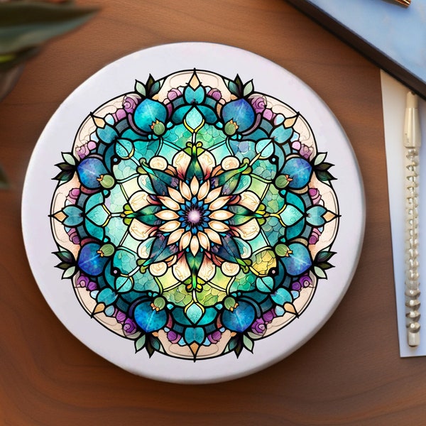 Stained Glass Mandala Motif Coaster, Mandala Lover Gift, Ceramic Coaster, Eco-Friendly Home, Coffee Table Decor, Coaster with Cork Back