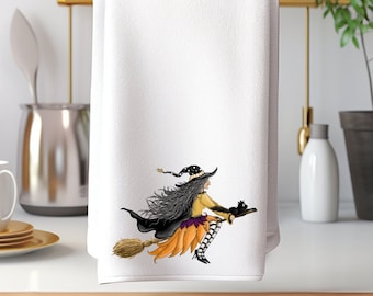 Halloween Hand Towel, Halloween Home Decor, Witch & Broom Towel, Halloween Decor, Autumn Kitchen Decor, Fun Tea Towel, Witch Kitchen Towel