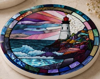 Coastal Lighthouse Ceramic Coaster, Round Ocean Drink Mat, Nautical Gift Decor