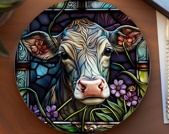 Cow Coaster, Nature Lover Gift, Farmhouse Home Decor, Stained Glass Design, Ceramic Coaster, Eco-Friendly Home, Coffee Table Decor