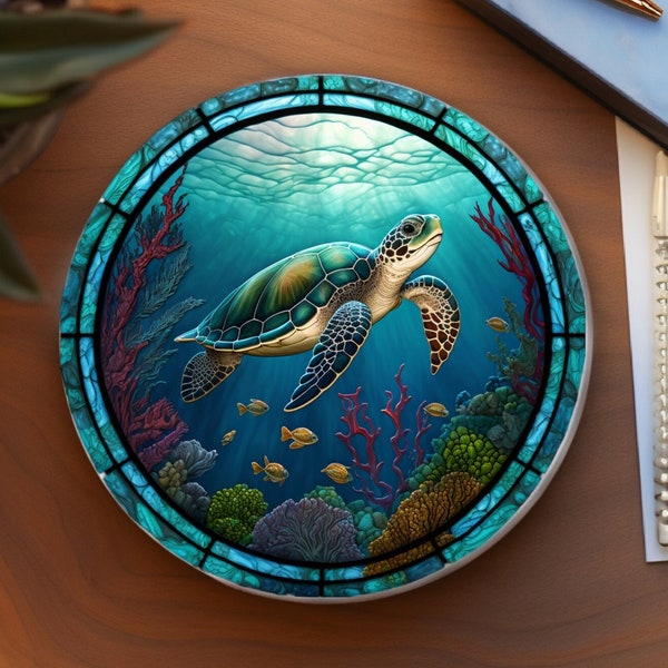 Sea Turtle Coaster, Marine Life Lover Gift, Nature Inspired Home Decor, Faux Stained Glass Design, Ceramic Coaster, Coffee Table Decor