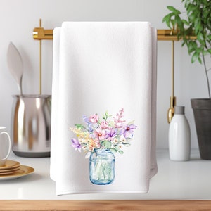 Spring Bouquet Hand Towel, Mason Jar Floral Design, Luxury Guest Towel, Elegant Bath Decor,  Decorative Display Towel, Powder Room Accent