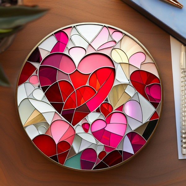 Valentine's Day Coaster, Faux Stained Glass, 3.6 inch Coaster, Romantic Gift, Valentine's Day Decor, Unique Valentine Gift, Red & Pink Decor