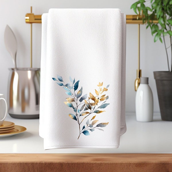 Blue Bathroom Decor, Blue & Gold Botanical Towel, Nature Home Decor, Elegant Hand Towel, Luxury Guest Towel, Blue and Gold Home Decor