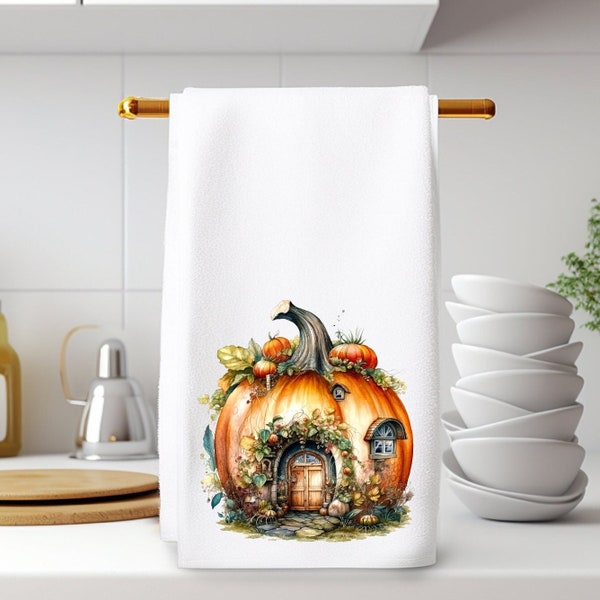 Pumpkin House Hand Towel, Fall Home Decor, Autumn Bath Decor, Fall Kitchen Decor, Elegant Guest Towel, Luxury Hand Towel, Micro Velour Towel