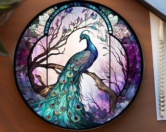 Peacock Coaster, Stained Glass Design, Nature Inspired Home Decor, Ceramic Coaster, Eco-Friendly Home, Coffee Table Decor, Cork Back Coaster