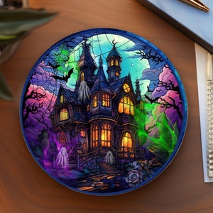 Haunted House Coaster, Printed Stained Glass Image, Halloween Decor, Ceramic Coaster, Eco-Friendly Home, Coffee Table Decor, Reading Nook