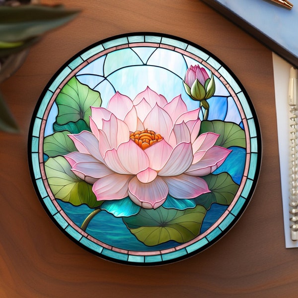 Pink Lotus Coaster, Nature Lover Gift, Nature Home Decor, Stained Glass Motif, High Gloss Ceramic Coasters, Coffee Table Decor