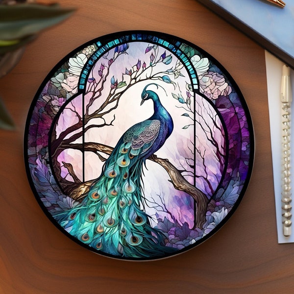 Peacock Coaster, Stained Glass Design, Nature Inspired Home Decor, Ceramic Coaster, Eco-Friendly Home, Coffee Table Decor, Cork Back Coaster