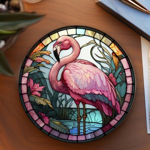 Flamingo Ceramic Coaster, Stained Glass Style Bird Decor, Nature-Inspired Table Accent, Wildlife Gift, Home Office or Reading Nook Decor