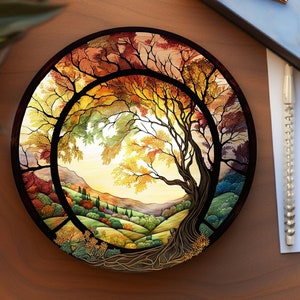 Autumn Scene Coaster, Individual Coaster, Stained Glass Motif, Autumn Lover Gift, Ceramic Coaster, Eco-Friendly Home, Coffee Table Decor