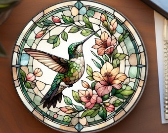 Posavasos de colibrí, regalo amante de la naturaleza, decoración del hogar inspirada en la naturaleza, posavasos de cerámica, decoración de mesa de centro, ecológico, vidrieras falsas