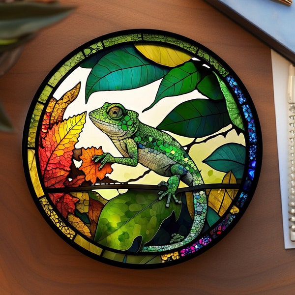 Chameleon Coaster, Stained Glass Design, Rain Forest Decor, Nature Lover Gift, Ceramic Coaster, Eco-Friendly, Coffee Table Decor, Cork Back