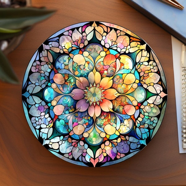 Bohemian Mandala Ceramic Coaster - Round with Cork Base, Elegant Drinkware Accessory, Ideal for New Homeowners