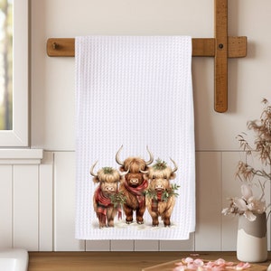 Highland Cow Holiday Hand Towel, Ranch Tea Towel, Farmhouse Kitchen Towel, Rustic Kitchen Decor, Ranch House Kitchen, Farmhouse Towel