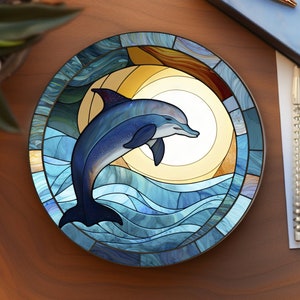 Dolphin Coaster, Nature Lover Gift, Ocean Inspired Home Decor, Stained Glass Motif, Ceramic Coasters, Coffee Table Decor