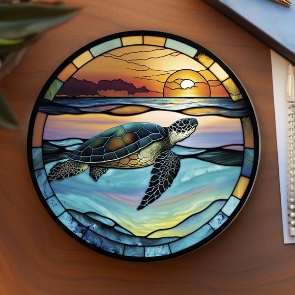 Sea Turtle Coaster, Marine Life Lover Gift, Nature Inspired Home Decor, Stained Glass Motif, Ceramic Coaster, Coffee Table Decor