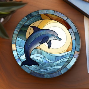 Dolphin Ceramic Coaster: Printed Stained Glass Ocean Decor